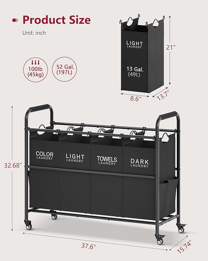 Tajsoon 4 Bag Laundry Sorter Cart, 4 Section Laundry Hamper Sorter with Heavy Duty Lockable Rolling Wheels, Laundry Separator Hamper with Removable Bags for Dirty Clothes Storage, Black