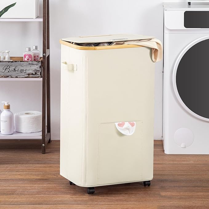 Laundry Basket with Wheels, Tall Dirty Clothes Hamper on Wheels, Rolling Laundry Hamper with lid for Dorm, Bedroom and Bathroom (Beige, 100L)