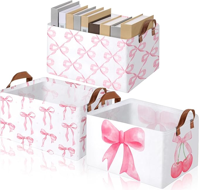 Boao 3 Pcs Coquette Pink Bow Storage Bin Collapsible Large Storage Baskets for Gifts Empty Candy Holiday Decor Canvas Laundry Basket Foldable Box with Handle for Office Home Bedroom Clothes