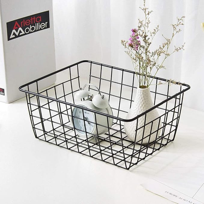 Metal Wire Storage Basket with Handles for Kitchen Food Pantry Papers Home Office Desk Shelf Bathroom Laundry Room Shelf Bedroom Bed Room, 2PCS (Black)