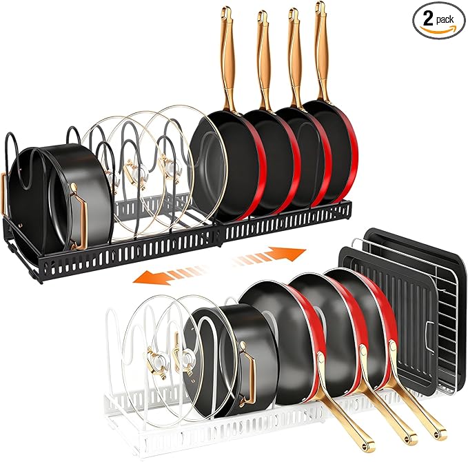 2 Pack Pot and Pan Organizer Rack, 12"-23" Expandable Pot Lid Organizer with 13 Adjustable Dividers, Pan Holder Storage Rack for Kitchen Cabinet, Black&White