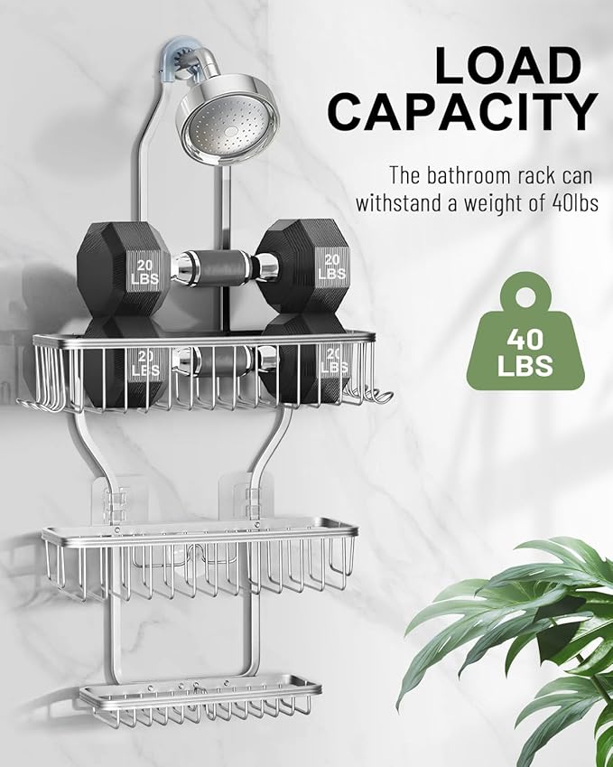 Shower Caddy Hanging - Never Rust Shower Hanging Organizer - Aluminum Over the ShowerHead Caddy with Soap Basket and 6 Hooks for Razor/Sponge (Frosted Silver)