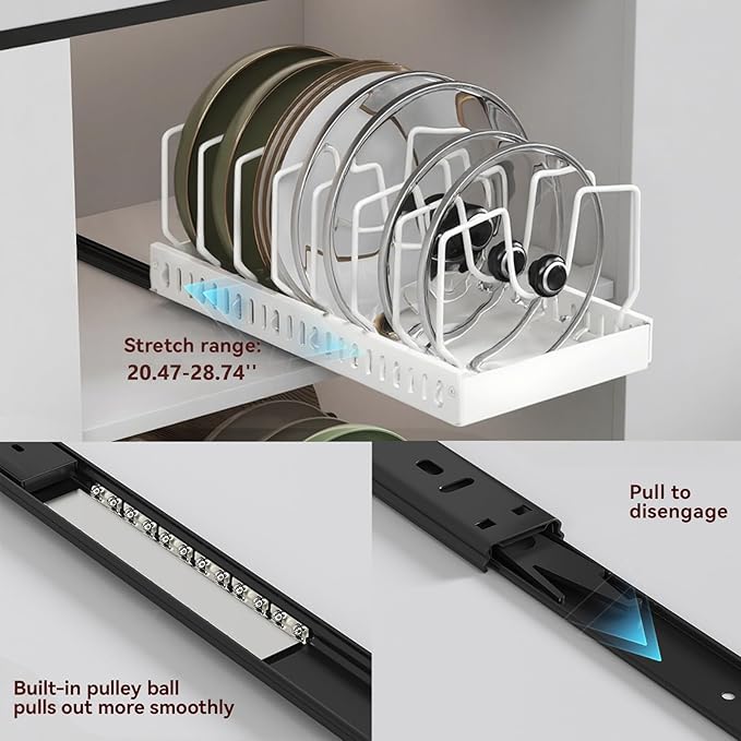 Pots and Pans Organizer Under Cabinet, Pull Out Pots and Pans Organizer, Under Cabinet Pot Lid Holder, Sliding type Pots and Pans Storage for Pot Lid, Bakeware, Dishes, 10 Adjustable Dividers