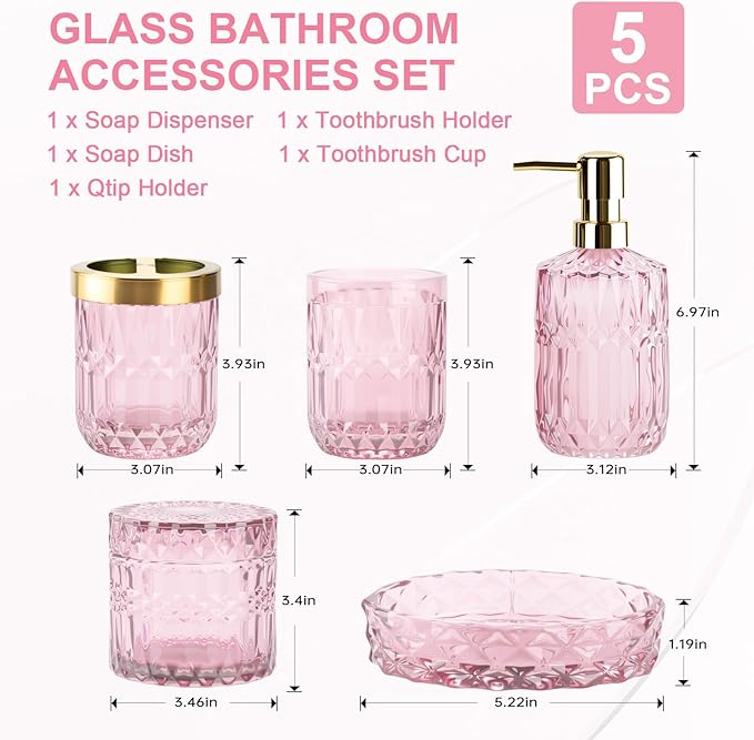 Pink Bathroom Accessories Set, 5Pack Clear Glass Bathroom Accessories, Includes Lotion Soap Dispenser, Toothbrush Holder, Qtip Holder and Soap Dish, Vintage Bathroom Decor
