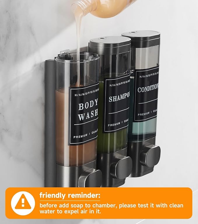 Shower Soap Dispenser Wall Mounted No Drill Shampoo Dispenser for Shower Wall Shampoo and Conditioner Dispenser Bathroom Hotel 3 * 300ml Gungray with Labels