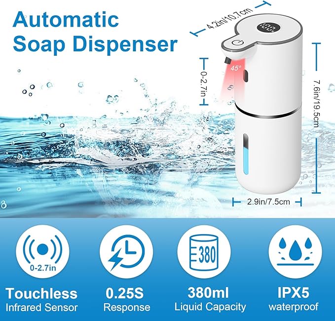 Automatic Foaming Soap Dispenser Touchless, USB Rechargeable Smart Hand Soap Dispenser, 6-Level Adjustable, 12.8oz/380mL Wall Mounted for Bathroom Kitchen Dish Soap-White