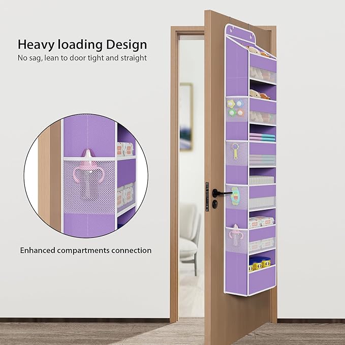Univivi Over The Door Hanging Organizer with 6 Large Compartments and Mesh Windows, Over The Door Baby Clothes Organizer for Cosmetics, Baby Essentials and Diapers (Purple)