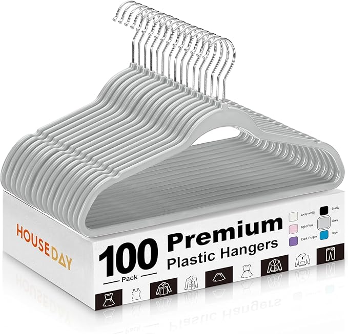 HOUSE DAY Quality Plastic Hangers 100 Pack - Heavy Duty Non-Velvet Hangers with Non Slip Notches & 360° Swivel Hook - Slim Space Saving Clothes Hangers Ideal for Coats Shirts Jackets Dresses (Gray)