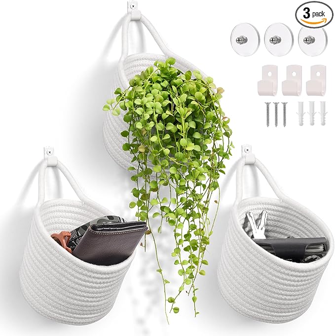 Fabric Wall Hanging Baskets - 3Pack Woven Pouchs Boho Style Wall Mounted Bag with Adhesive Hooks, Storage Organizers and Decoration Pocket Caddy Bins on Door Rack (White & White, Large)