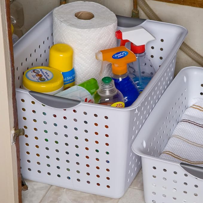 Sterilite 24-Pack Ultra Basket, Open Plastic Bins, Countertop, Cabinet and Closet Organizer, White, Deep