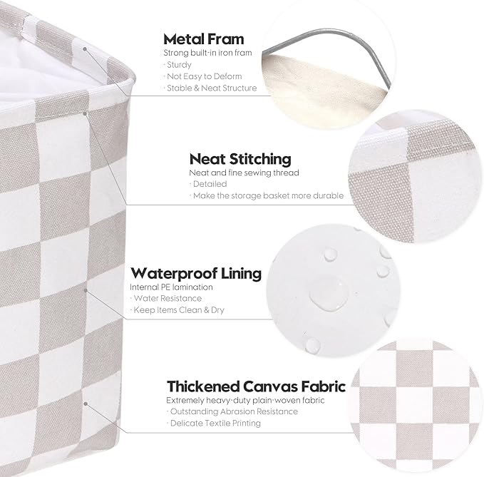 Hinwo 3-Pack Cubic Organizer Shelf Bins, Canvas Fabric Storage Baskets with Handles, 22L/5.8-Gal Square Storage Bins, Cubes, Collapsible Storage Box, 11 x 11 x 11 Inches (S, Grey Checkerboard)