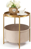 danpinera Round Side Table with Fabric Storage Basket, Pack of 2, Metal Side Table Small Bedside Table Nightstand with Removable Tray Top for Living Room, Bedroom, Nursery, Laundry, Gold