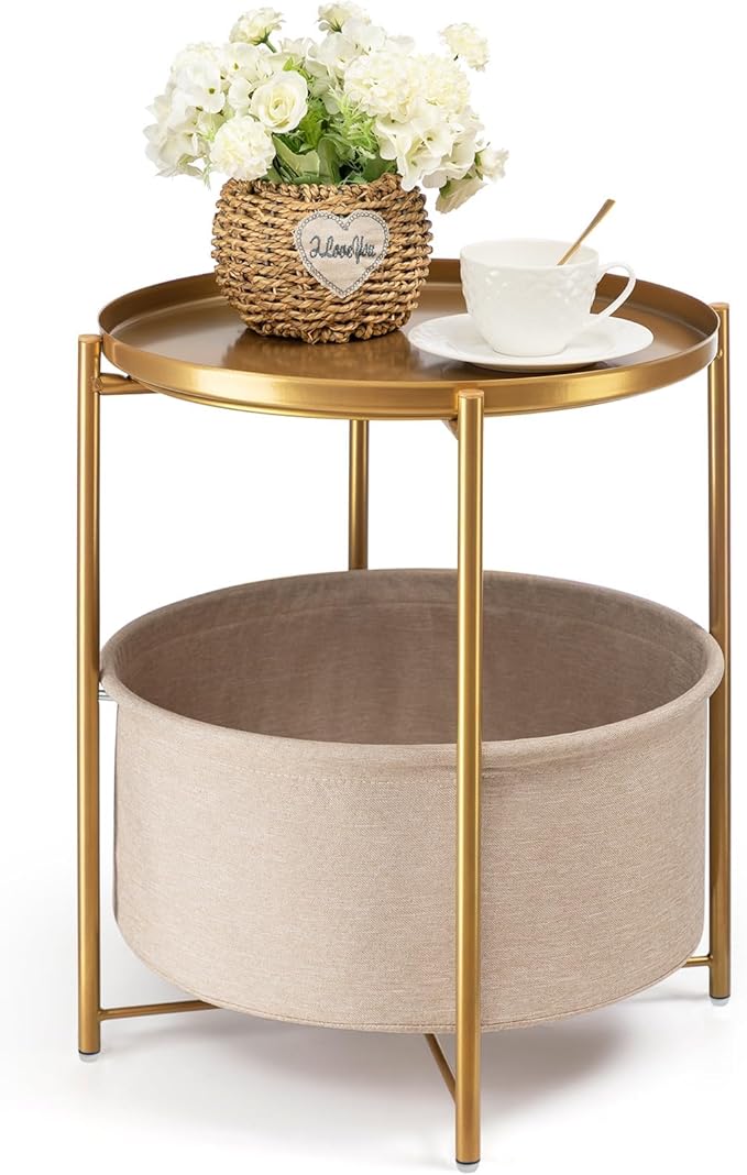 danpinera Round Side Table with Fabric Storage Basket, Pack of 2, Metal Side Table Small Bedside Table Nightstand with Removable Tray Top for Living Room, Bedroom, Nursery, Laundry, Gold
