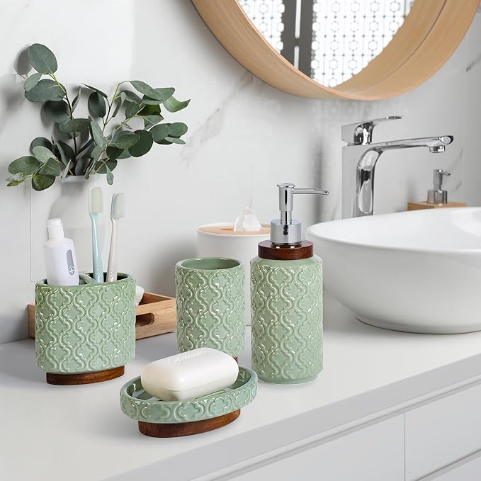 Bathroom Accessories Set 4 Pieces Toothbrush Holder Soap Dispenser Ceramic Bathroom Accessory Set Contain Toothbrush Cup Soap Dish Tumbler