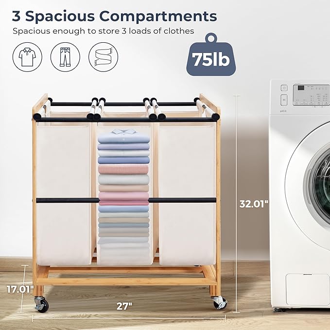 STO STO 3-Section Laundry Sorter with Bamboo Frame, Rolling Laundry Hamper Basket with Removable Bags and Lockable Wheels, Laundry Cart for Clothes Storage in Bedroom & Laundry Room, Beige