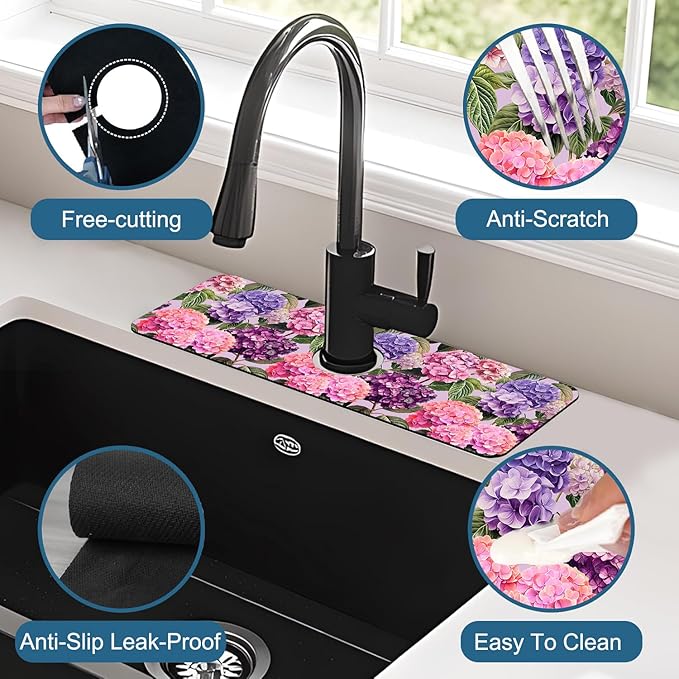 Colorful Hydrangea Sink Splash Guard Faucet Mat Purple Pink Hydrangea Super Absorbent Fast Drying Mat Sink Gadgets-Splash Guard Behind Faucet Drip Catcher for Kitchen Bathroom, 15.5"x5.5"