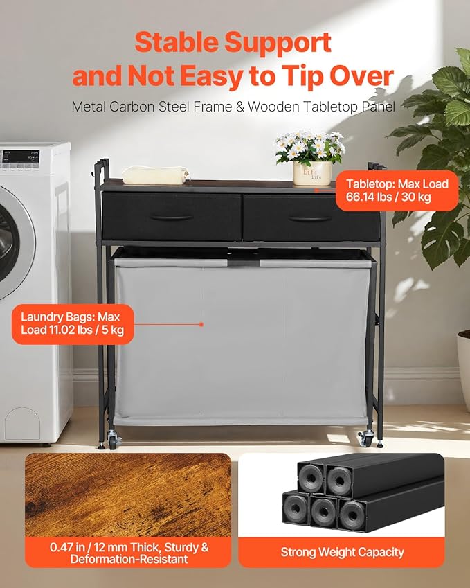 VEVOR 3 Section Laundry Sorter, Rolling Laundry Hamper with 2 Drawers, Hooks & Wheels, Rolling Basket Organizer Storage with Pull-Out Rolling Bags and Wooden Tabletop for Dirty Clothes, Bathroom
