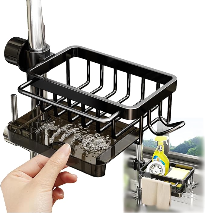 Sink Organizer Rack for Kitchen and Bathroom, 2025 New Stainless Steel Detachable Hanging Faucet Drain Rack with Drip Tray Faucet Sponge Holder for Bathroom (Black, Right)