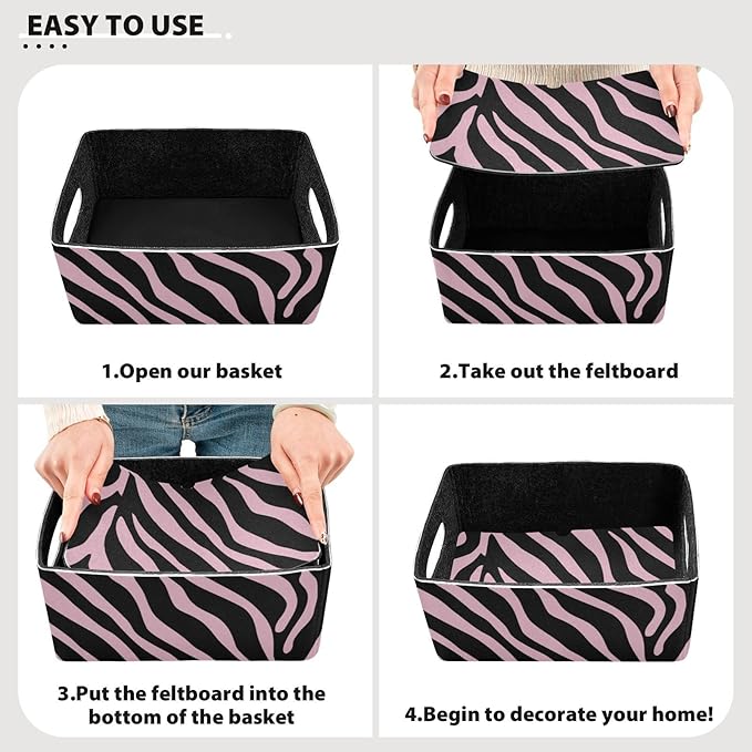 Pink Zebra Print Closet Storage Bins 2 Pcs Felt Open Home Storage Containers Organizer with Handles Collapsible Shelf Basket for Home Office Craft Room Classroom Fabric