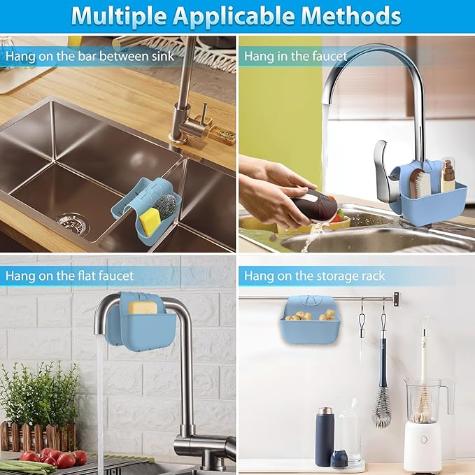 Sponge Holder for Kitchen Sink, Silicone Sink Saddle Caddy Organizer Rack, Sponges Holder Over Faucet, Hanging Kitchen Organizer Accessories Rack Basket - Light Blue