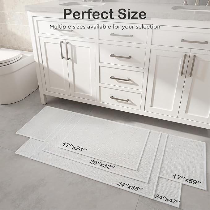 MontVoo Bathroom Runner Rugs,Chenille Absorbent Bath Mat Runner Quick Dry Rubber Backed Bath Runners Non Slip Washable Long Bathroom Rugs,Ultra Thin Bath Rugs Fit Under Door,17"x59",White