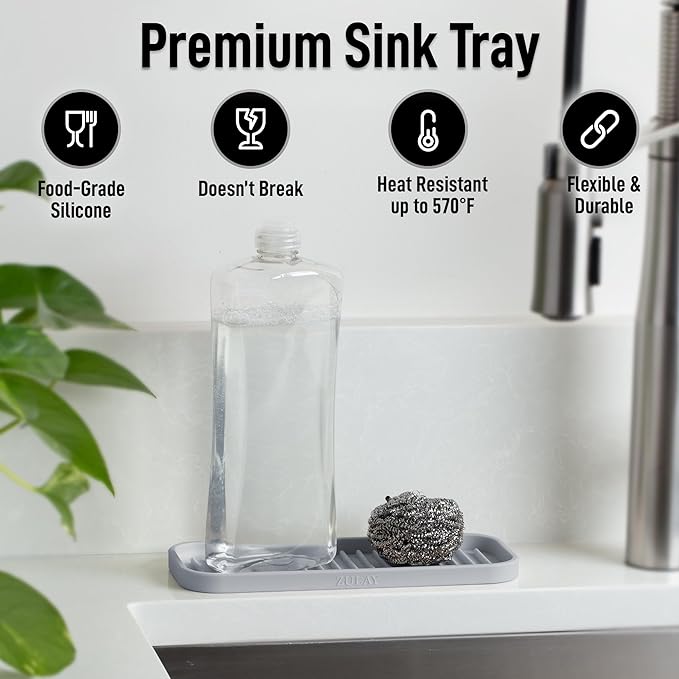 Zulay Kitchen (9x3.5in) Sponge Holder for Kitchen Sink - Flexible Heavy-Duty Multipurpose Sink Caddy - Counter Organizer for Kitchen, Bathroom, Makeup, Trinkets & More! (Grey)