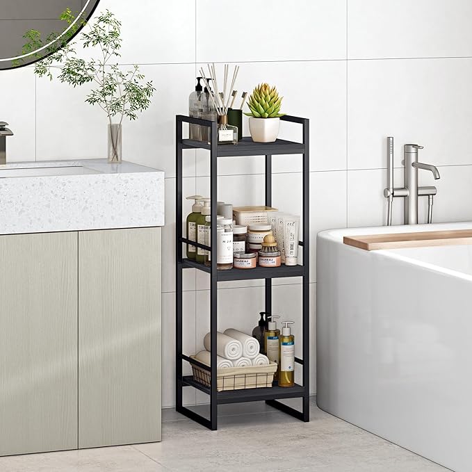 BYFU 3 Tier Bathroom Storage Open Shelf, Freestanding Metal Corner Storage Rack Shelving Unit for Bathroom Kitchen Living Room Hallway, Black