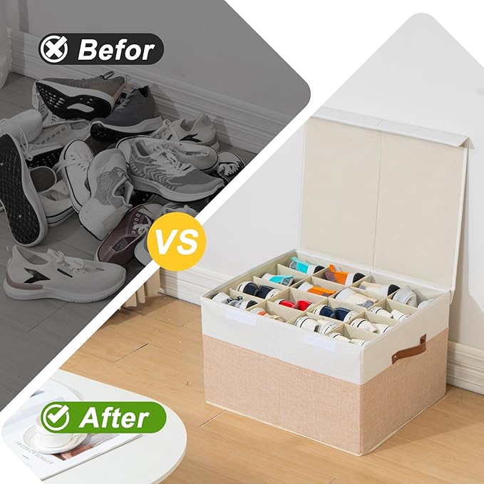 Shoe Organizer 16 Pairs, Large Shoe Storage Box Bin Containers with Adjustable Dividers for Sandals, High Heels, Sneakers, Stackable and Foldable (Beige and White)