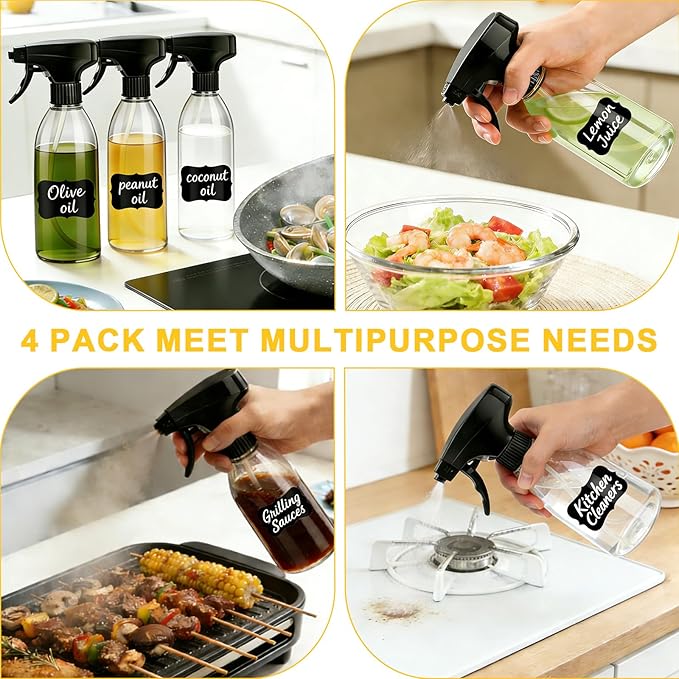 gmisun Oil Sprayer for Cooking, 4 Pcs Food-Grade Plastic Olive Oil Spray Bottle, 10 Fl Oz Oil Spritzer Mister, Refillable Oil Dispenser for Avocado, Olive, Coconut Oils, Vinegars, Kitchen Cleaner