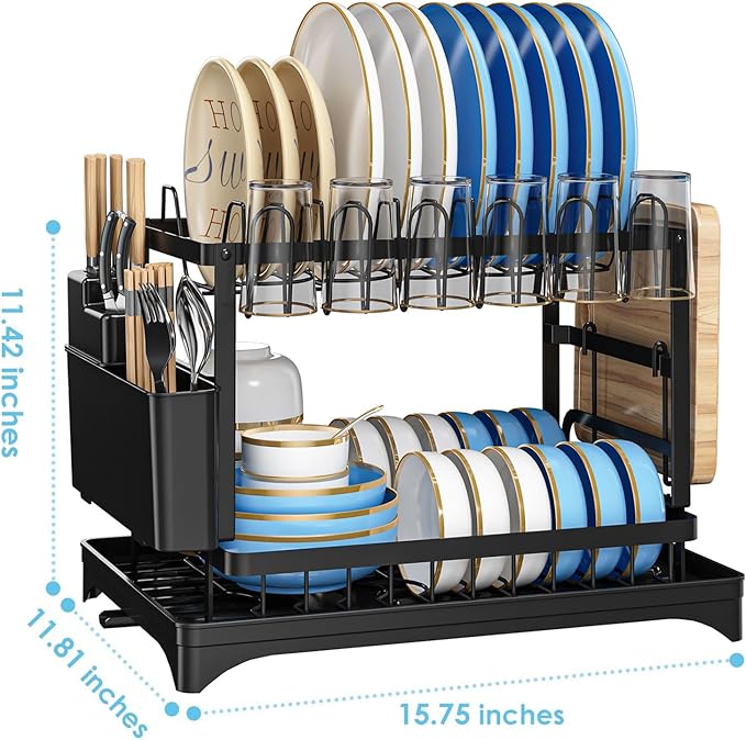 Dish Drying Rack for Kitchen Counter 2 Tier Iron Dish Drainer with Removable Cutlery Basket, Black