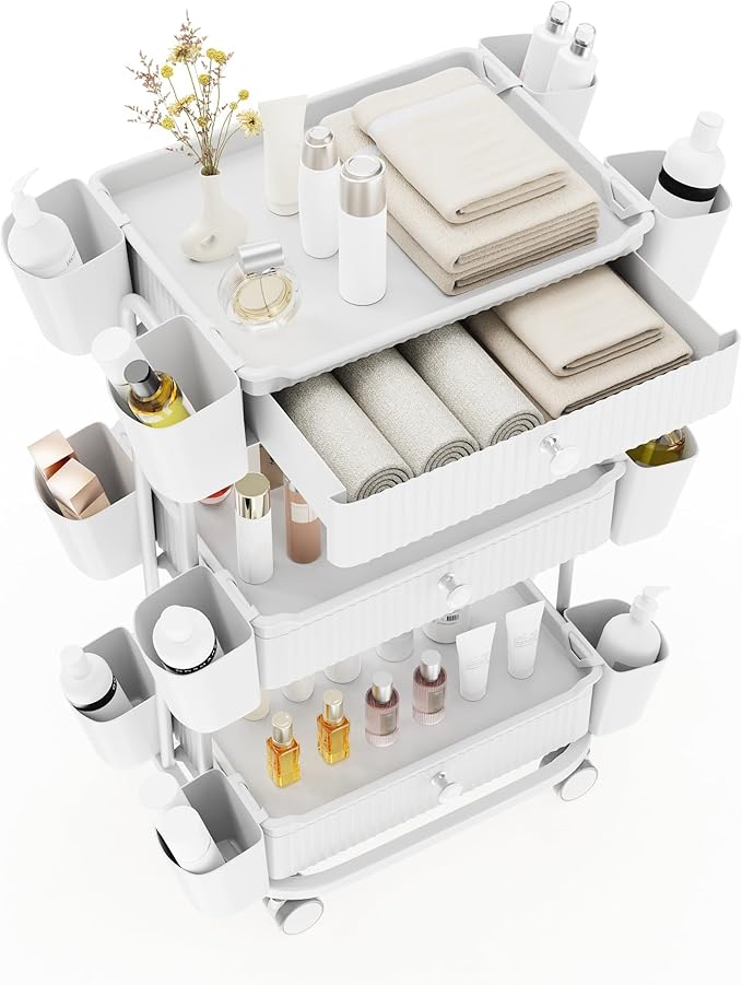 3 Tier Drawer Shelf Beauty Cart with 12 Movable Storage Organizer, Thickened Durable ABS, 360° Wheels for Salon Station for Hair Stylist, Beauty Salon, Spa Massage Parlor, Makeup Organizer - White