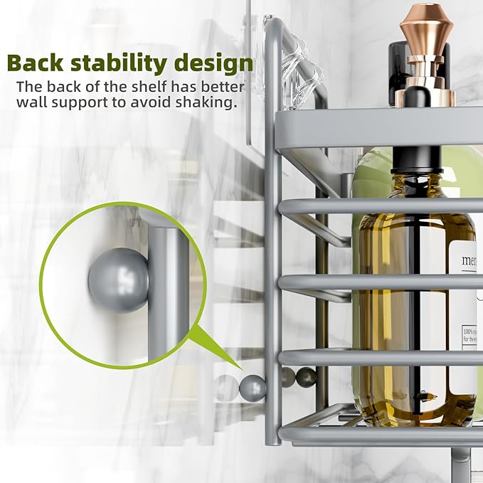Yougai Shower Caddy, Shower Organizer with Soap Holder and Hooks, Rustproof Shower Shelves, No Drilling Bathroom Organizers and Storage, Wall-Mounted Kitchen & Home Decor (Light Gray)