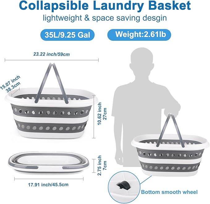 35L Laundry Basket Collapsible, Large Plastic Laundry Baskets with Wheels, Space Saving Pop-up Laundry Hampers for Clothes Storage Organizer Folding Plastic Bin for Household RV Room Organization