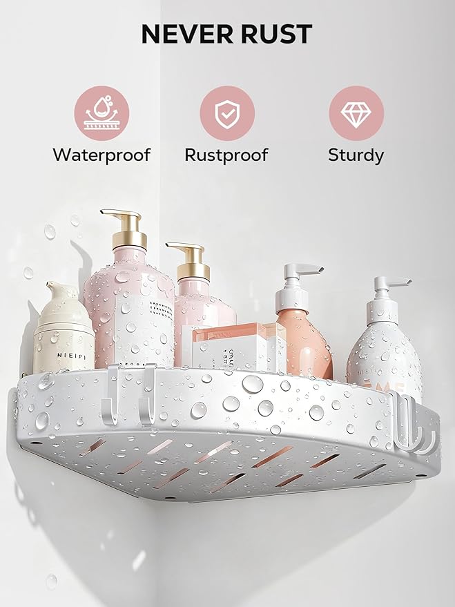 Nieifi Adhesive Shower Caddy Corner, 2 Pack, No Drilling Shower Organizer for Inside Shower, Girly Bathroom Accessory Decor Set, Anodized Aluminum, Silver