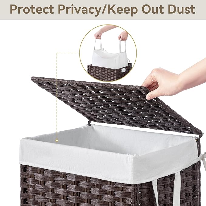 Chrislley 90L Slim Laundry Hamper with Wheels, Rolling Laundry Basket with Lid and Renovable Liner Bag, Handwoven Rattan Organizer for bedroom, bathroom, laundry room (Brown)