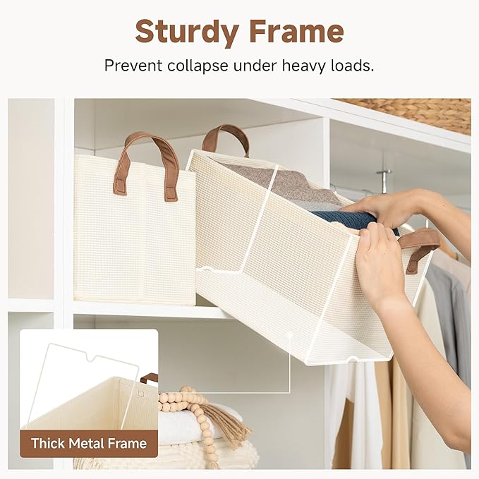 StorageWorks Storage Bins, Shelves Baskets for Organizing, Fabric Closet Organizers with Handles, Metal Frame, Beige-Texture, 2-Pack