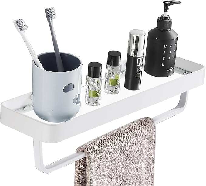 Bathroom Tempered Clear Glass Shelf with Towel Bar Wall Mounted 15.7 Inch Shower Organizer Modern Metal Kitchen Spice Decor Rack Over Toilet Storage Holder Rectangular Vanity White