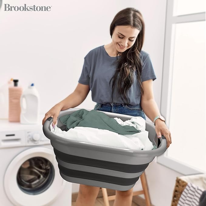 BROOKSTONE (2 Pack) Large Size Collapsible Laundry Basket, Comfort Non-Slip Grip Handles, Minimalist Space Saving Design, Portable Pop-Up Hamper