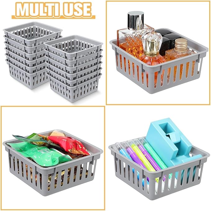 Tatuo 24 Pcs Classroom Small Plastic Baskets Bulk Storage Baskets for Organizing Crayon Pencil Containers Organizer Bins for Back to School Gift Office Desk Drawer Home, 5.31 x 5.31 x 2.44 Inch(Grey)