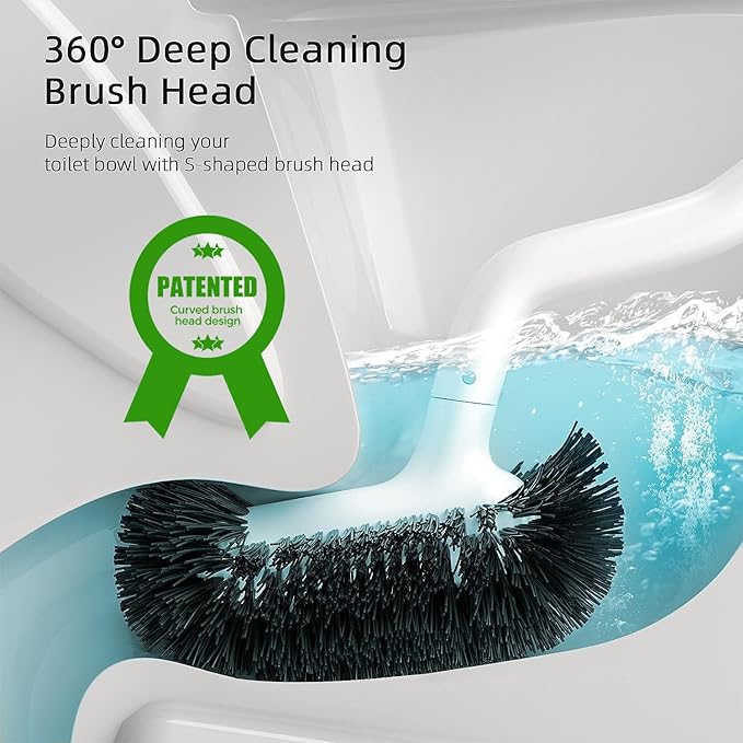 HAMITOR Toilet Bowl Brush Holder Set: Deep Cleaning Brushes with Curved Design - Ergonomic Long Handle for 360° Dead Corner Clean with Replacement Brush - Bathroom Accessories for RV Apartment