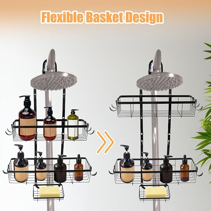 Bathroom Shower Caddy Hanging, Rustproof Waterproof Shower Organizer Shelf, No Drilling Storage Rack with 6 Hooks for Towels Sponge Shampoo Soap, Black