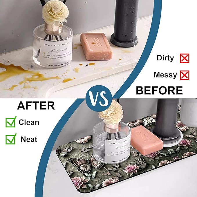 Cute Butterfly Sink Splash Guard Pink Flower Faucet Absorbing Mat Fast Drying Mat Sink Gadgets Splash Guard Behind Faucet Drip Catcher for Kitchen Bathroom, 15.5"x5.5"