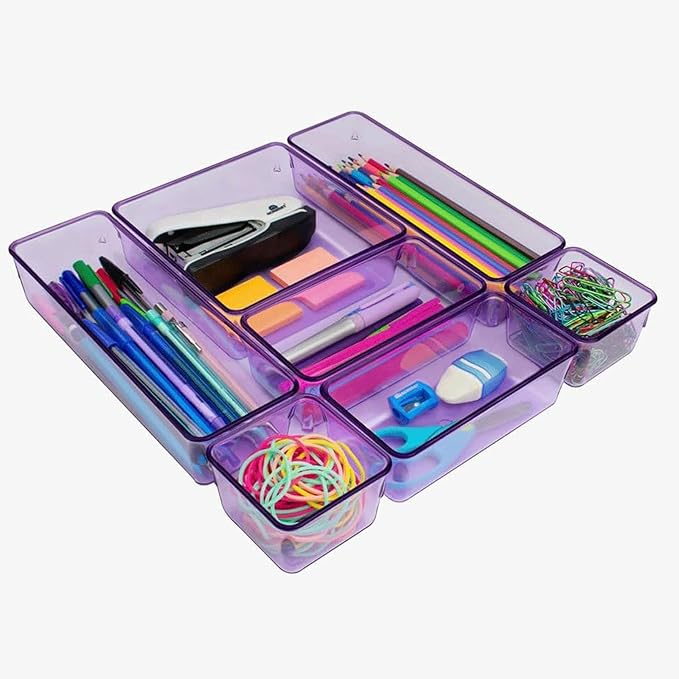 Acrimet Drawer Organizer Modular, Box Tray Storage Bins for Office, Home, Makeup, Kitchen, Junk Drawer (7 Units - 4 Sizes) (Clear Purple Plastic)