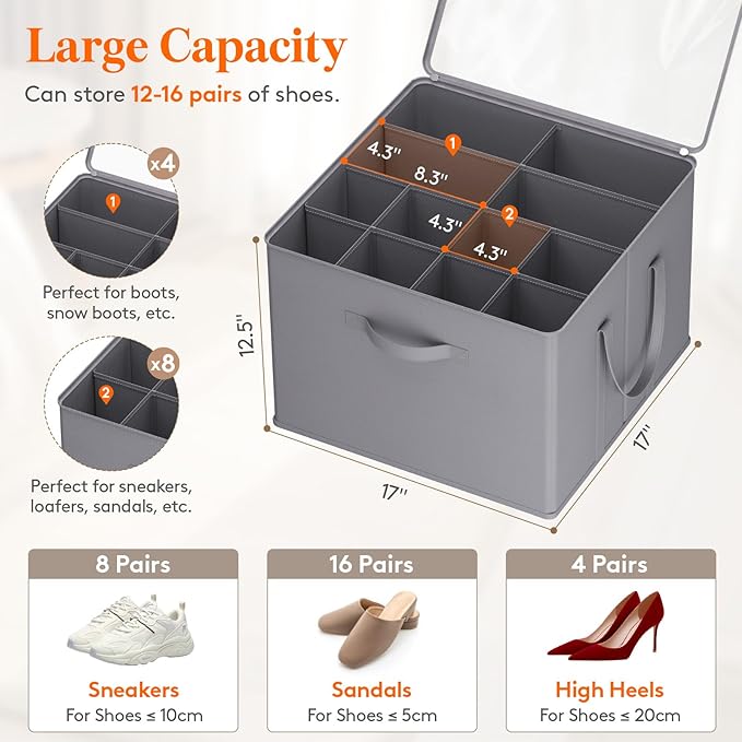Lifewit Shoe Storage Organizer for Closet, Fabric Large Shoe Box Storage Containers with Clear Cover, Foldable Bins for Boots Heels Sneakers Fits 12-16 Pairs, 1 Pack Gray