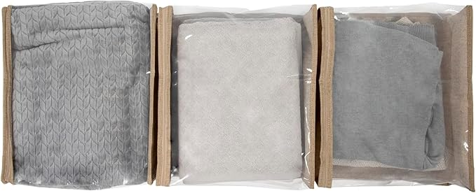 Household Essentials Under Bed Zippered Sweater Storage Bags with Clear Vision Panel, Set of 3, Latte Brown