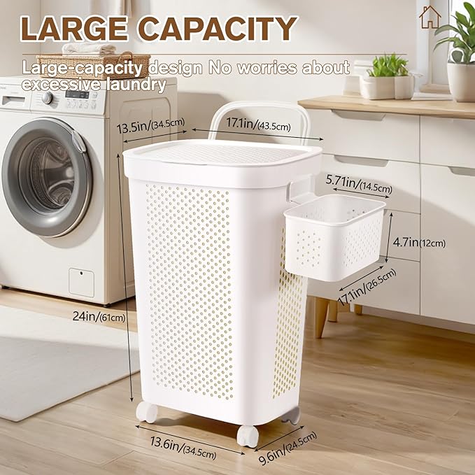 Ultra Wheeled Laundry Hamper with Lid, Suspended basket，Handle and Wheels for Easy Rolling of Clothes to and from The Laundry Room, Plastic（White）