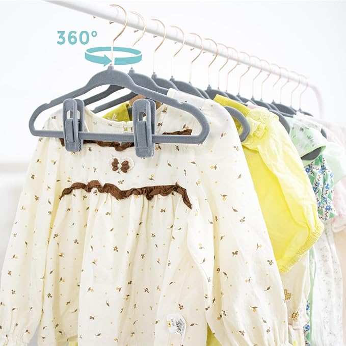 14 Inch Kids Velvet Hangers – 50 Pack | Non-Slip, Space-Saving Closet Hangers for Big Kids & Youth | Durable Felt Hanger with 10 Clips (Gray)