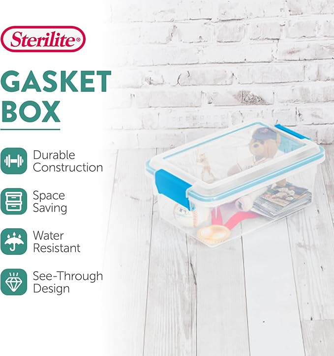 Sterilite 18-Pack Gasket Box, Weather-Resistant Storage Bins with Latching Lids, 7.5 Quart - Heavy-Duty Organizing Containers for Closet, Bathroom, and Office