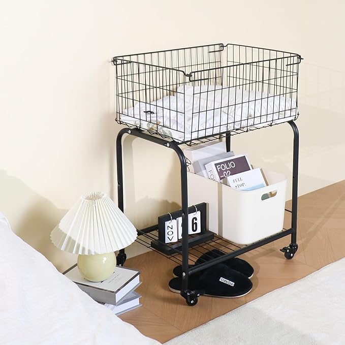 31" height Rolling Laundry Basket with Wheels, Heavy Duty 2-Tier Metal Wire Laundry Cart, Foldable Hamper with Industrial Wheels & Brakes for Clothes, Bedroom, Dorm, Apartment (Black)