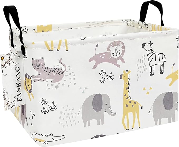 FANKANG Storage Bins, Nursery Hamper Canvas Laundry Basket Foldable with Waterproof PE Coating Large Storage Baskets for Kids Boys and Girls, Office, Bedroom, Clothes,Toys(Rec-Lovely Animals ）